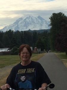 Kris on the Orting Trail with Mt. Rainier behind